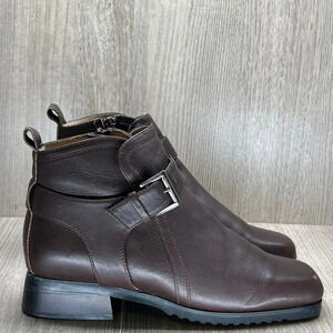 HARSON Ankle Boots Womens Sz 37 Square Toe Side Zip Block Heel Leather Brown